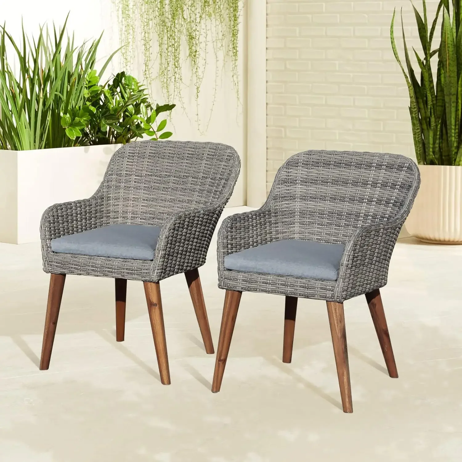 Patio Dining Chairs Set of 2 with Wood Legs, Outdoor Rattan Wicker Chairs with Seat Cushions for Lawn, Deck, Porch, Balcony, Bac