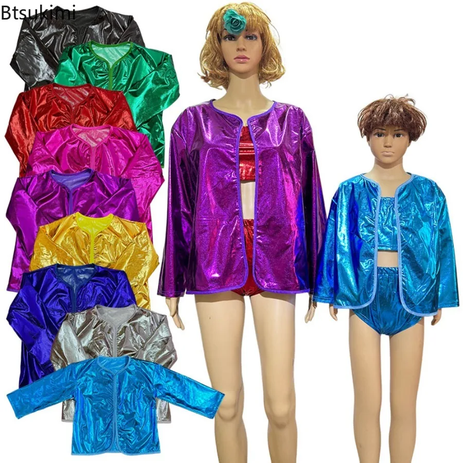 Kids Girls Boys Metallic Shiny Cardigan Long Sleeve No Buckle Open Front Outerwear Cheerleading Dance Stage Performance Costume