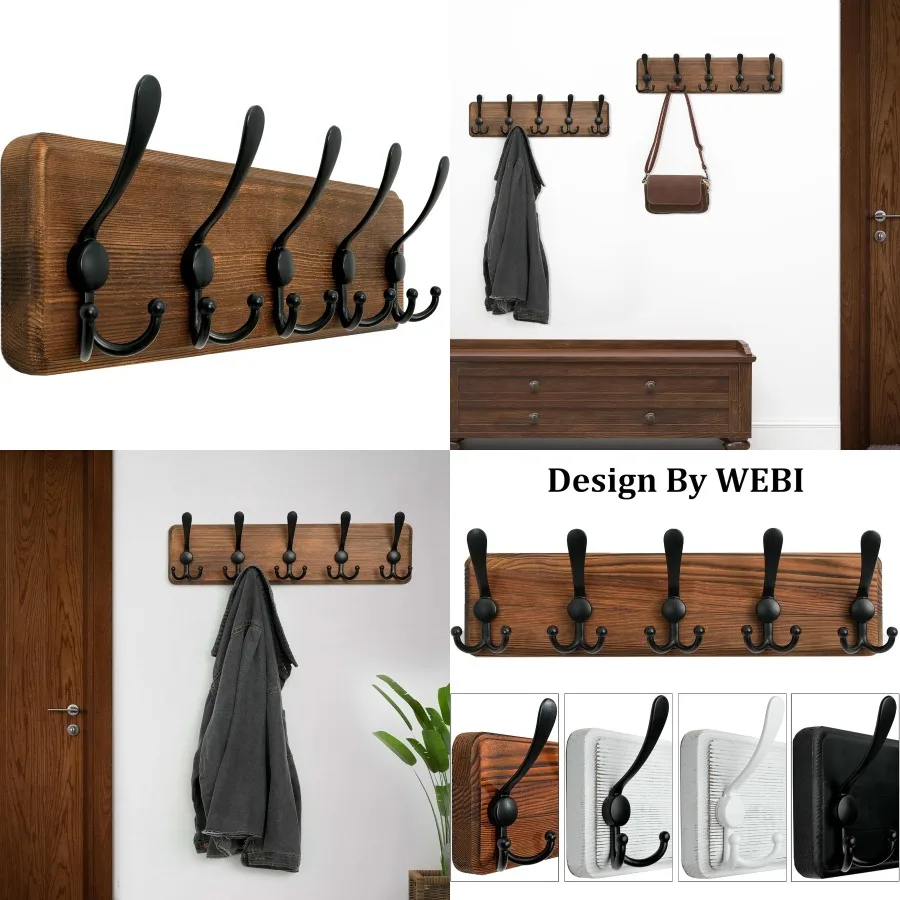 

Rustic Coat Rack Wall Mount Solid Wood Coat Hooks Wall Mounted Coat Hanger with 5 Triple Hooks for Hanging Coats Jackets and Cl