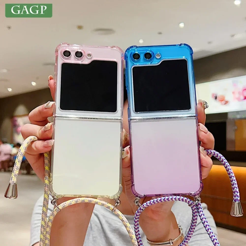 Luxury Two Color Gradient Space Phone Case For Samsung Galaxy Z Flip 6 5 4 3 Crossbody Lanyard Soft Silicone Shockproof Cover