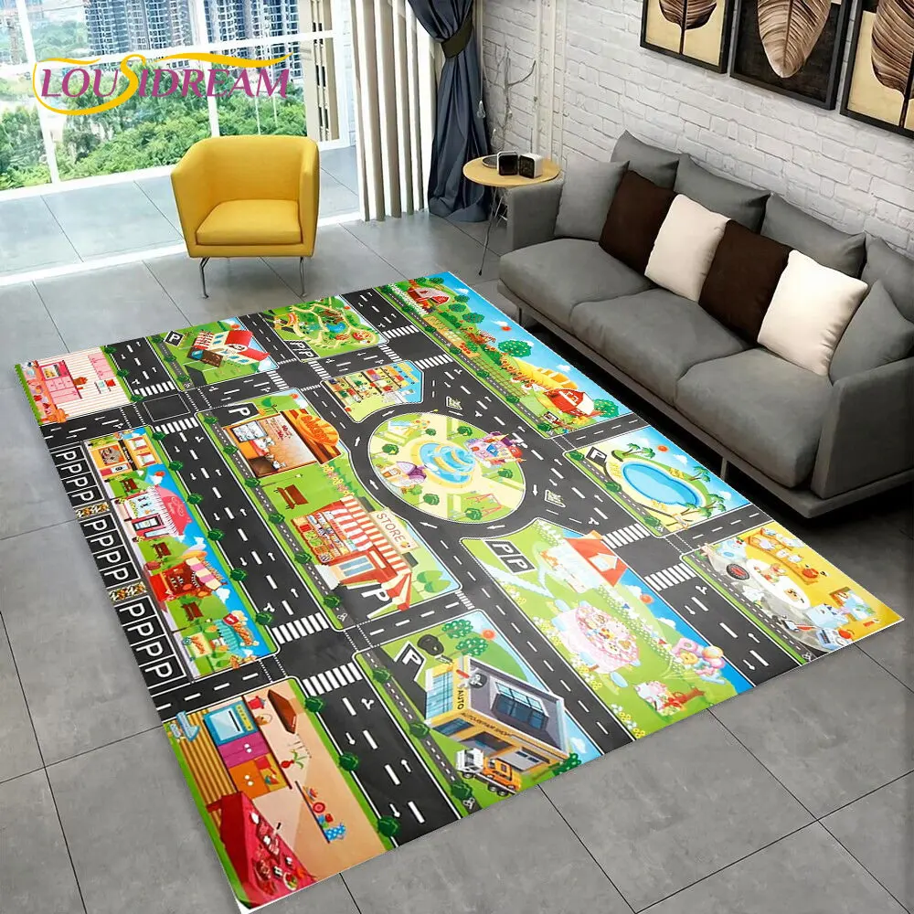 Child Playmat Highway Simulated City Traffic Playroom Area Rug,Carpet for Home Living Room Bedroom Sofa ,kids Non-slip Floor Mat