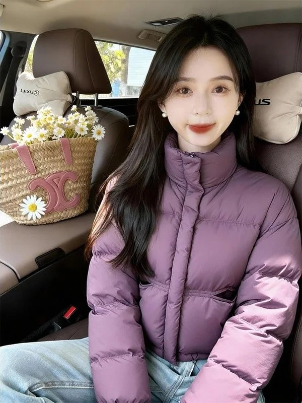 

Утепленная короткая хлопковая куртка в корейском стиле с воротником-стойкой, фиолетовая, теплая, модная зимняя верхняя одежда для молодых женщин