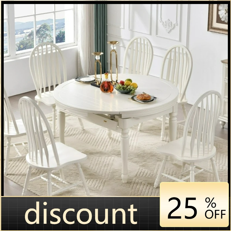 

LTT American solid wood dining table white retractable folding household solid wood dining table and chair combination