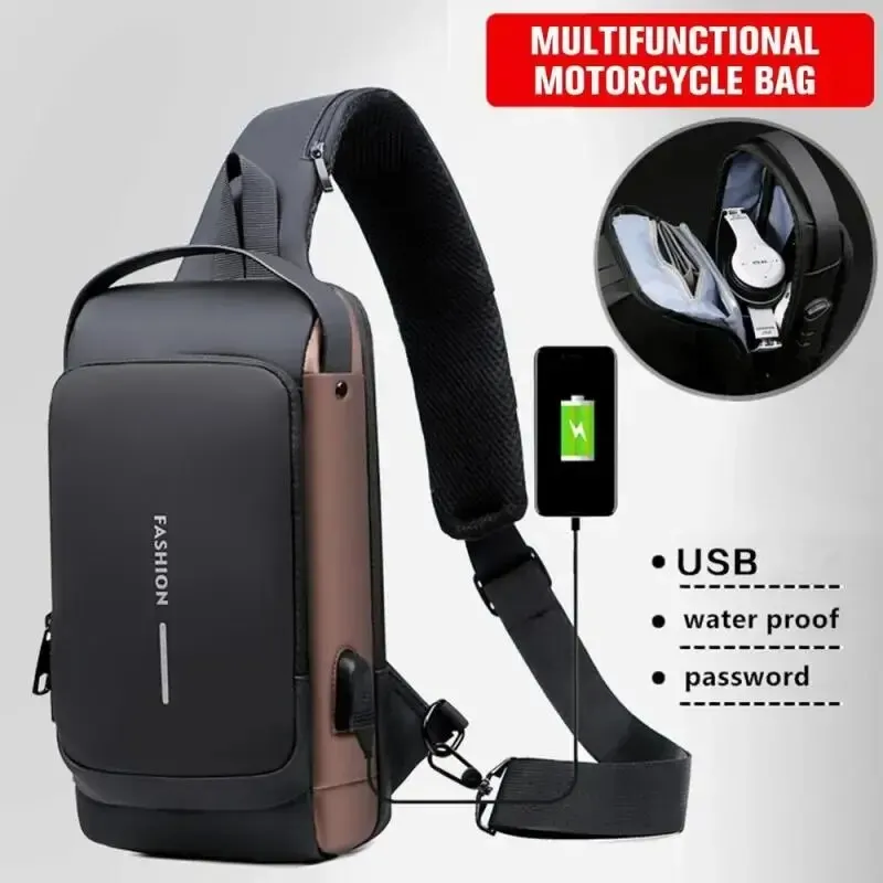 Bolsa Mensageiro Masculina Multifunções, Um Ombro, Bloqueio de Senha, Bolsa Esportiva para Bicicleta, Impermeável, Porta de Carregamento USB, Peito Anti-Roubo, BA