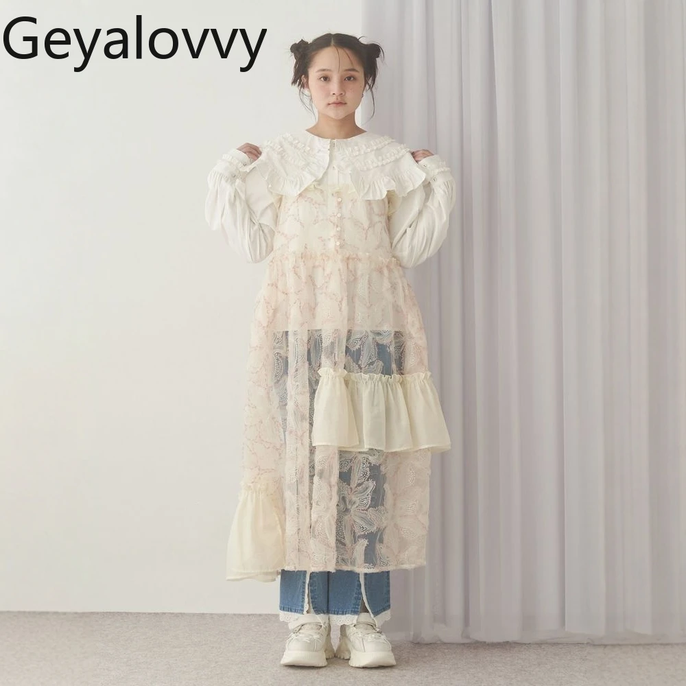 Abito lungo senza maniche trasparente con volant a fiori con paillettes pesanti in stile giapponese Abito lungo con cinturino versatile per ragazze dolci