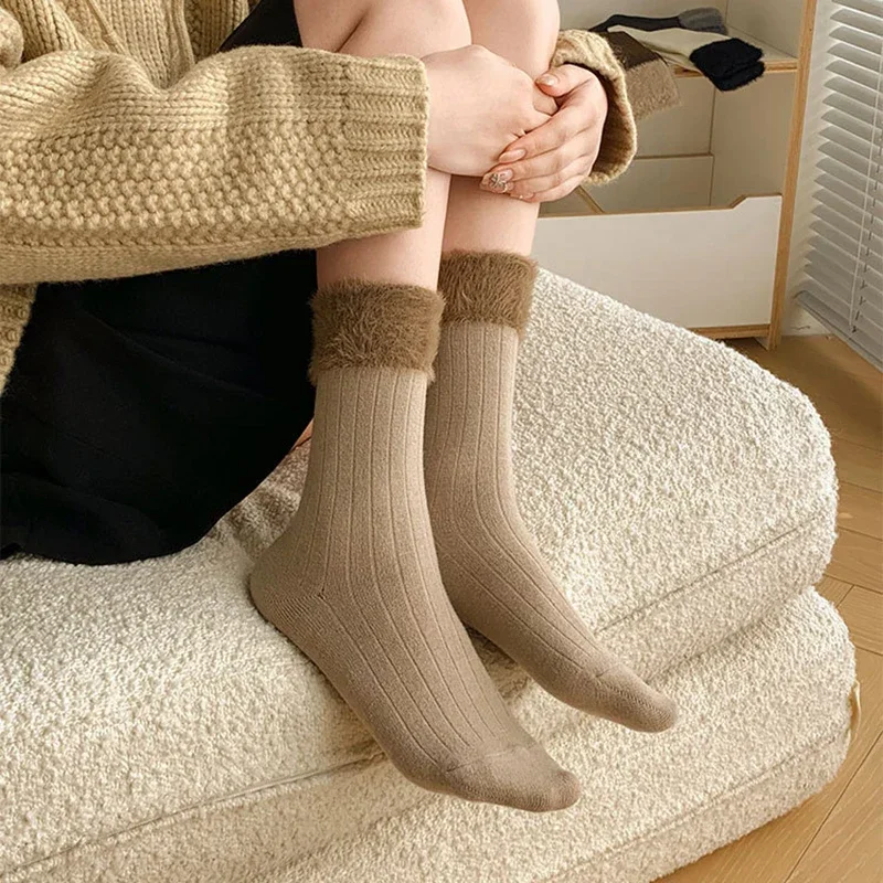5/10 Pairs Women's Autumn Winter Wool Socks Fashionable Color Blocking Plush Sock Mouth Thickened Warm Retro Stacking lady Socks