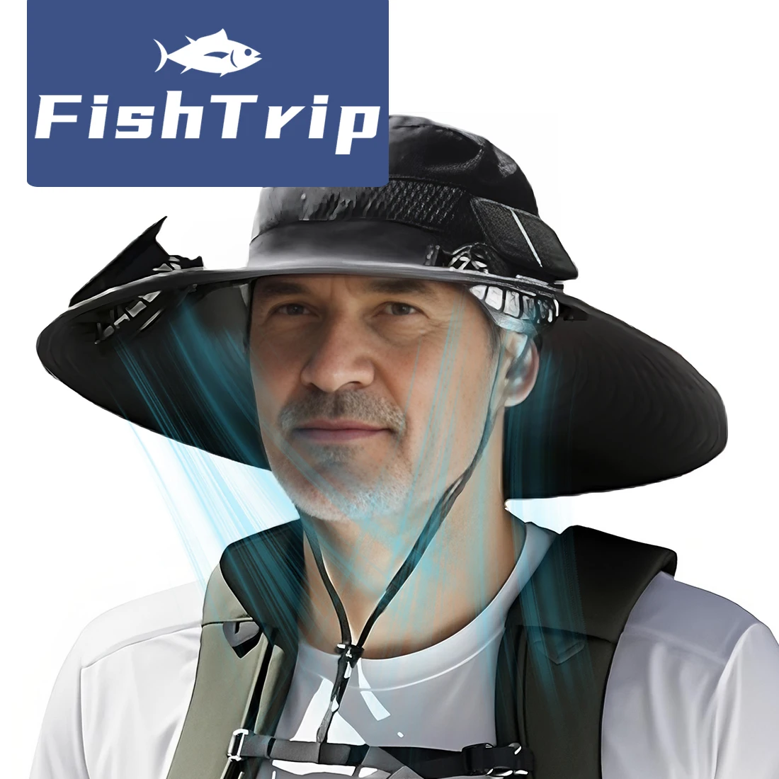 FishTrip Sombrero de pesca impermeable con ventilador solar UPF50+