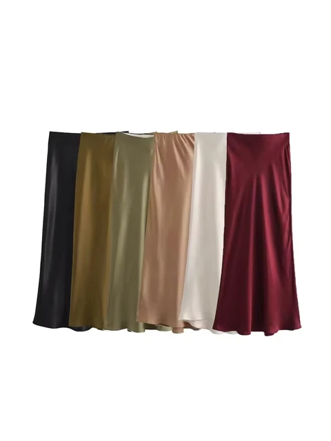 Damska spódnica midi o miękkiej fakturze, jak jedwab, z wysokim stanem, elastycznym pasem, elegancka, modna, kobieca, elegancka spódnica mujer.