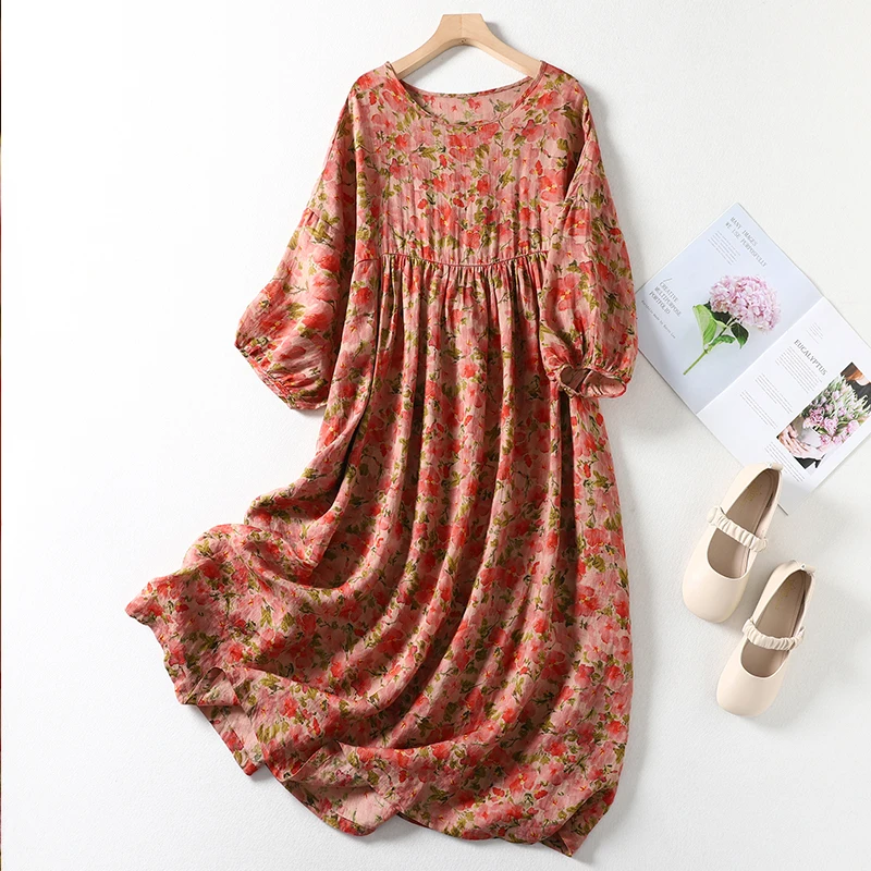 2024 Spring Summer Age Reducing Waist Folding Unique Loose Version Beautiful Dress Oversize High Quality Women Print Dress F001