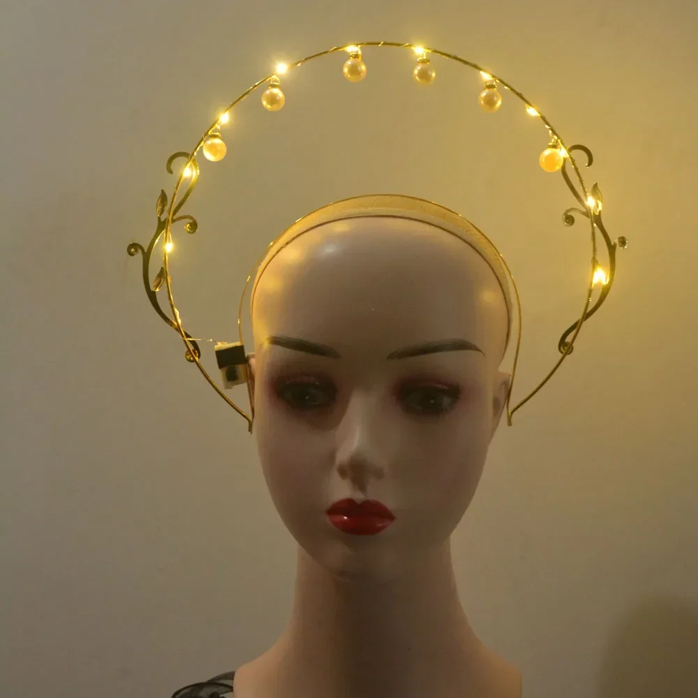 Metal Angel Halo Crown Headband Light Up Pearl Queen Goddess Hairbands Tiara  Party Costume Cosplay Wedding Festival