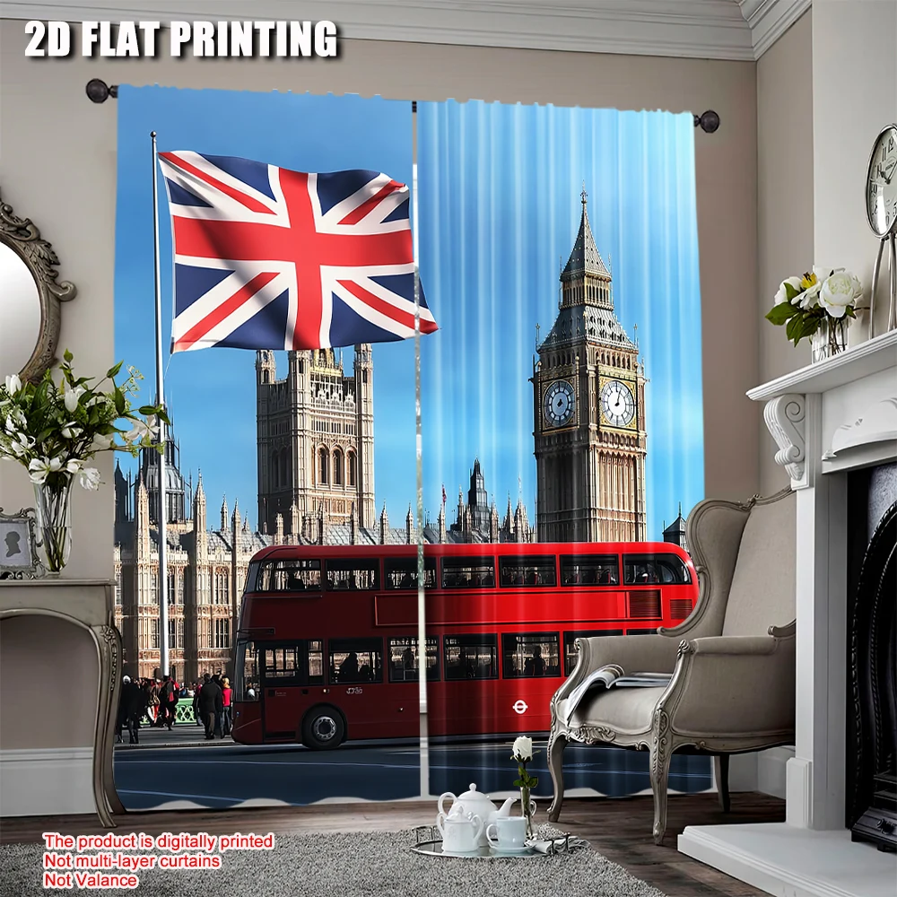 

2Pcs Big Ben London Street Backdrop Curtain British Flag England Parliament House Buildings For Living Room Bedroom