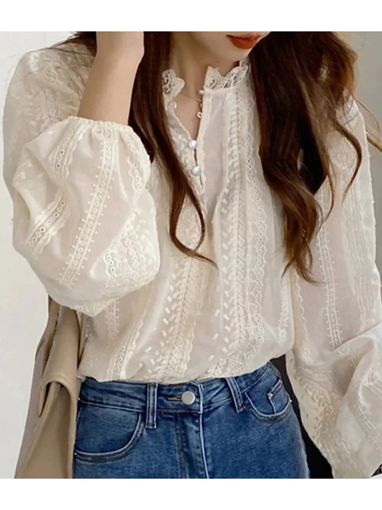 French Fashion Women\'s Long Sleeved Lace Shirt Korean Edition Sweet Versatile Standing Collar Women Casual and Unique Shirt Top