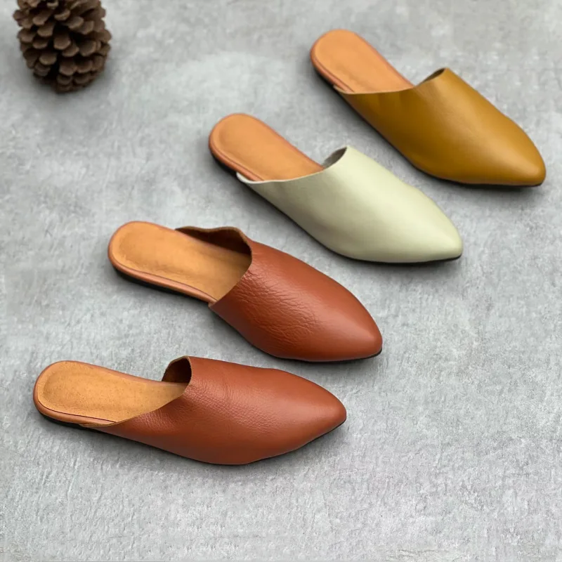 Women Slippers Point Top Handmade High Genuine Leather Flat Shoes Outdoor Indoor Flat Heels Sandals Beach Casual Slippers