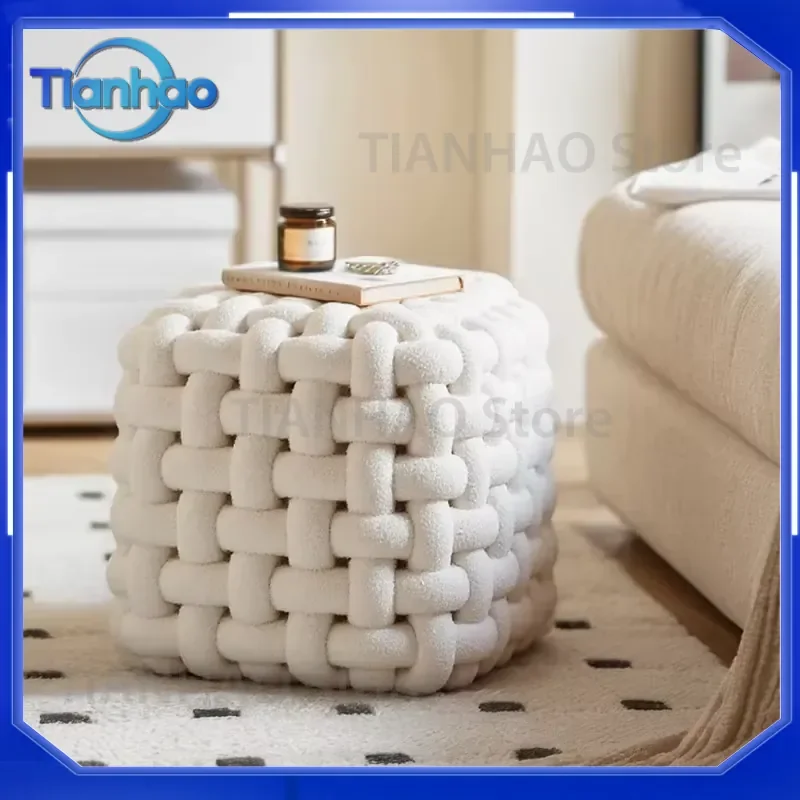 Cream Style Lambswool Stool for Room Non-Deform High Resilience Ottoman with Wide Seat Square Bench for Creative Coffee Table