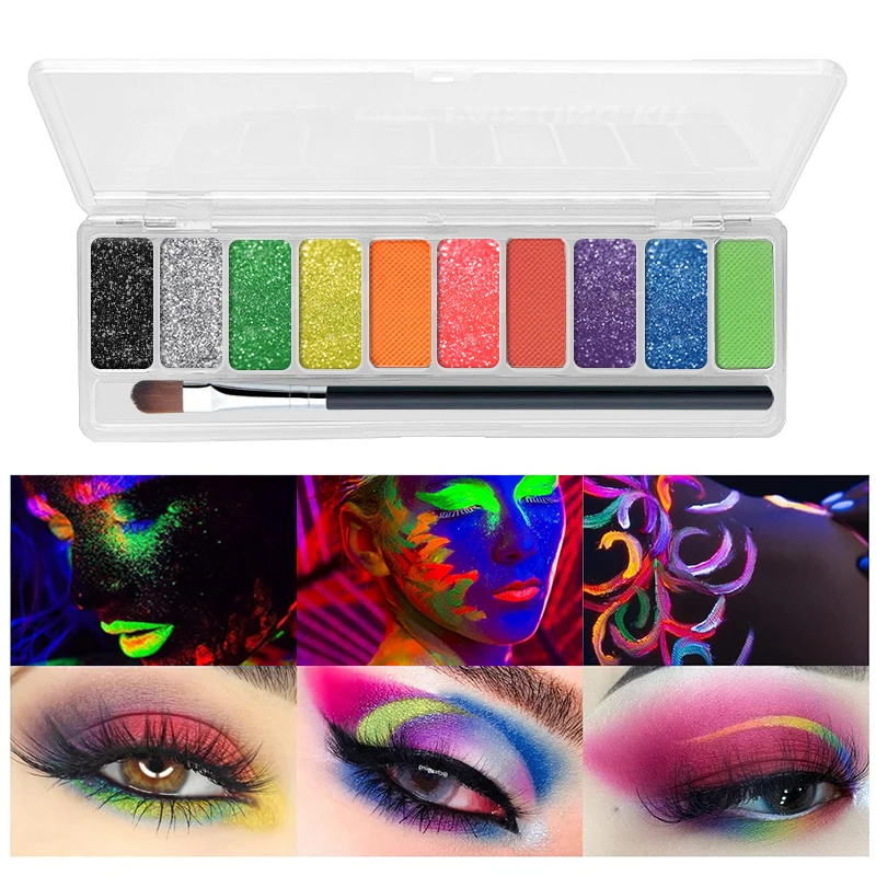 10-Color Fluorescent Dark Eyeshadow Panels, Metallic And Glitter End, High Gloss for Costume Parties, Nightclubs, Masquerade