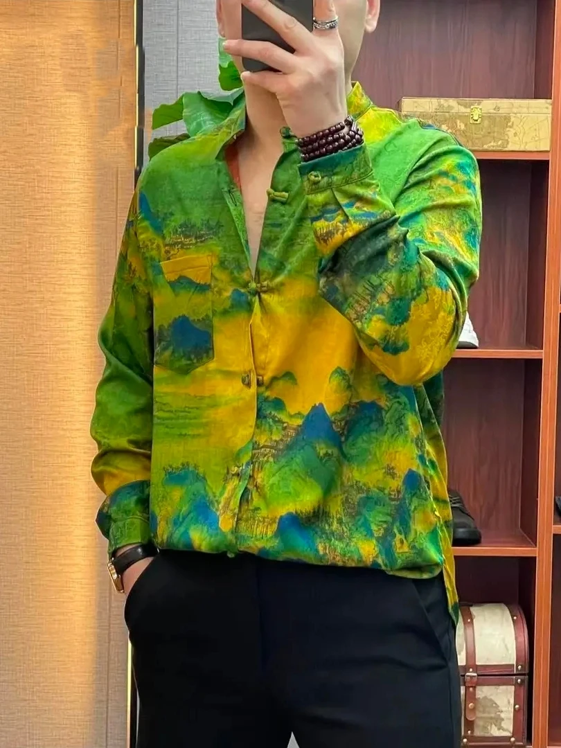 

High Quali Men's Chinese Sle irt Versatile Faionable Haome Spring Summer New Arrival Button up Long Sve Floral ...