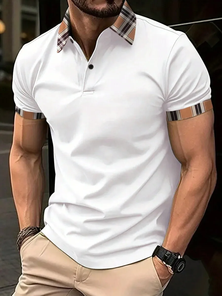 

Men's White Casual Polo Shirt with Plaid Trim Collar and Cuffs