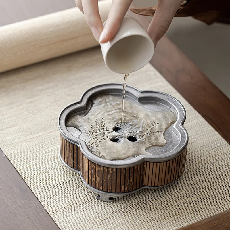 Pure tin handmade pot bearing Xiangfei bamboo dried brewing table household small tea tray Japanese tea table tea ceremony acces