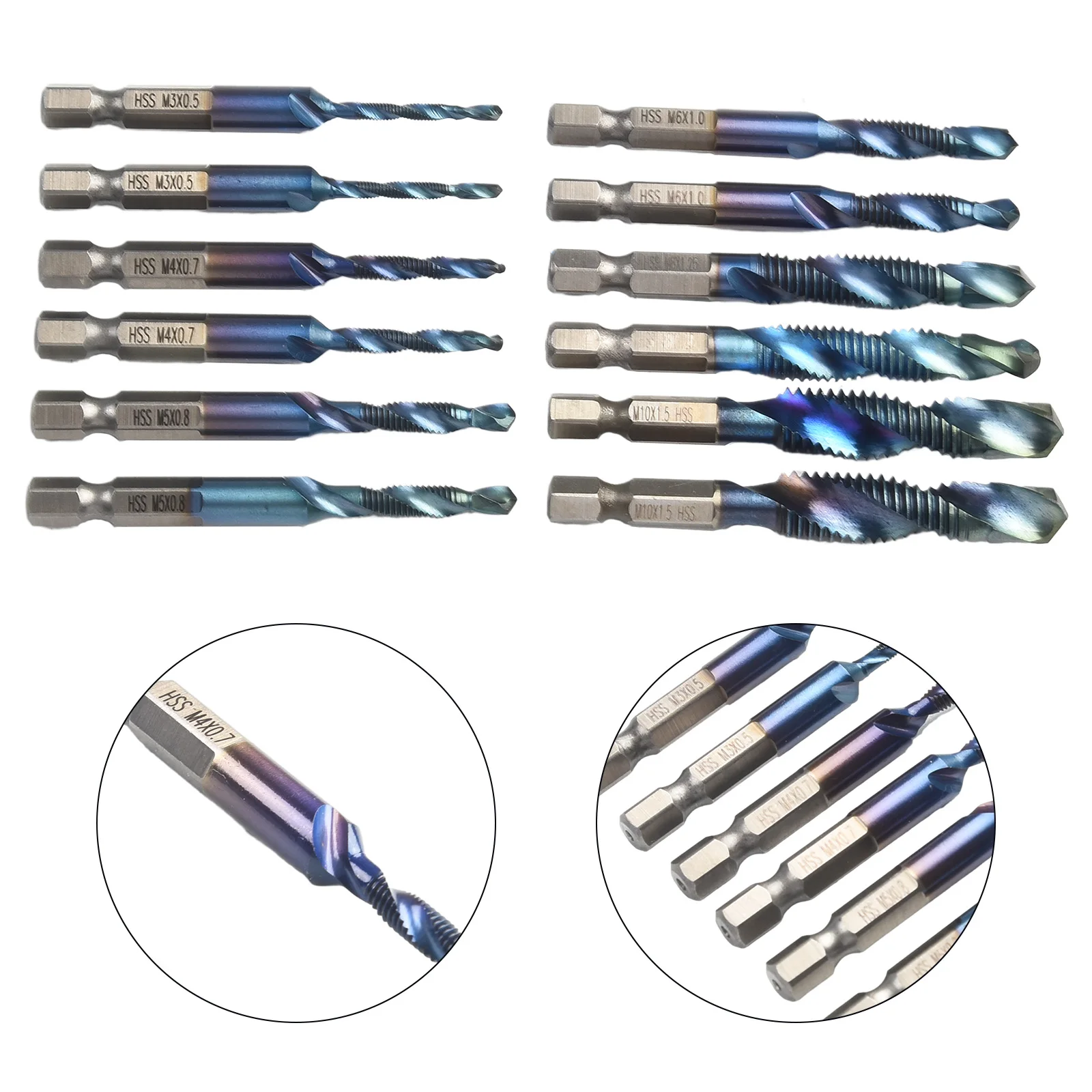 High Steel 12-Piece Tap and Drill Bit Set 1/4 Inch Hex Shank for M3 M5 for m6 M8 for m10 Metric Thread Machining Operations