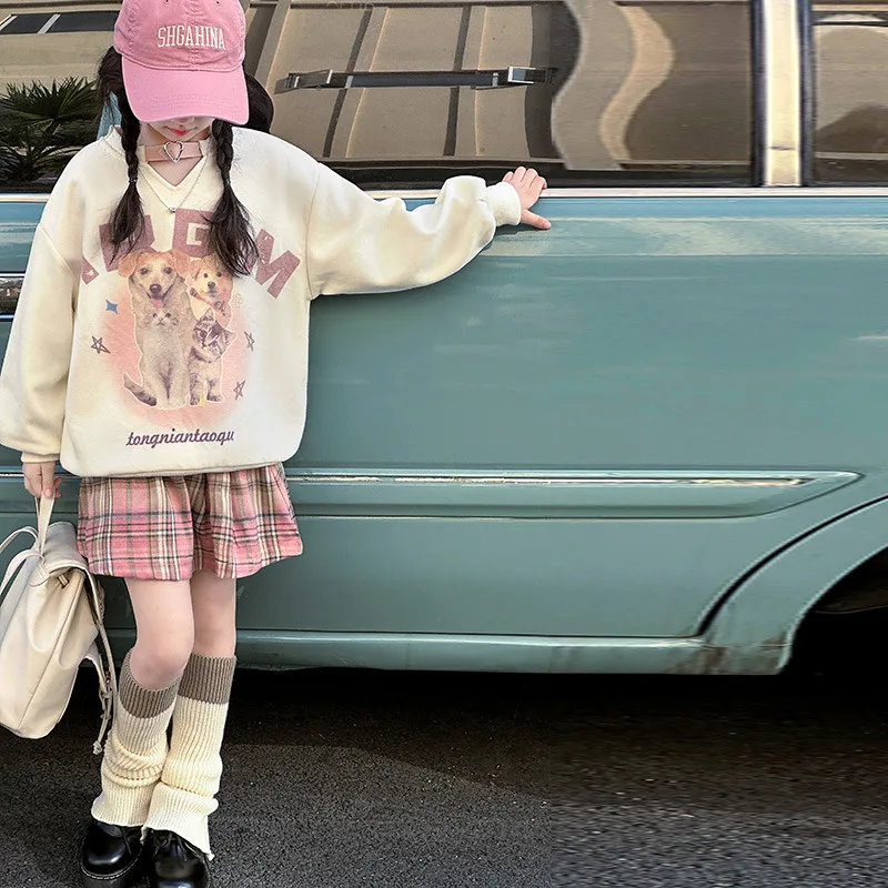 Children 4-14 years old spring and autumn long-sleeved cartoon T-shirt plaid skirt kids suit girls sweatshirt two-piece set