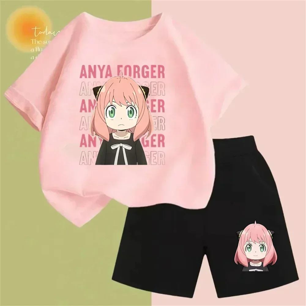 Japanese Anime Spy X Family Anya Forged Graphic Printed T-shirt Street Kids Clothing Fashion Short Sleeve Neutral T-shirt Set