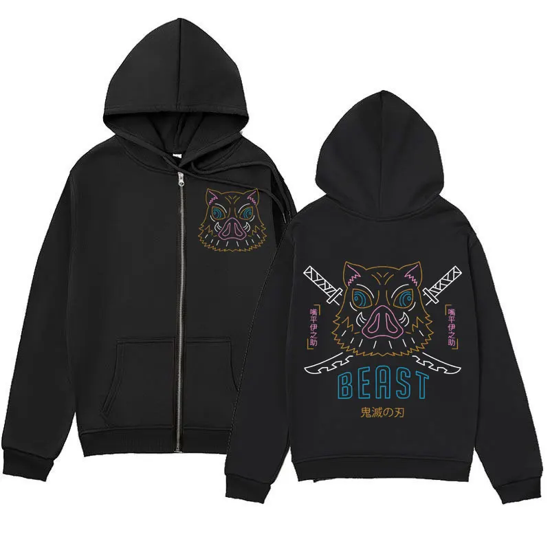 

Anime Demon Slayer Hashibira Inosuke Print Zipper Hoodie Harajuku Japanese Style Zip Up Sweatshirt Unisex Casual Loose Pullovers