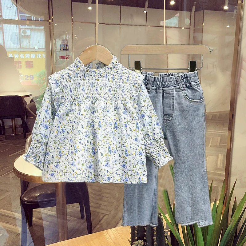 2024 Spring Girls Clothing Set Full Print Little Flower Long Sleeve Top+ Wide Leg Jeans 2Pcs Suit For 4-8Y Kids Fashion Outfit