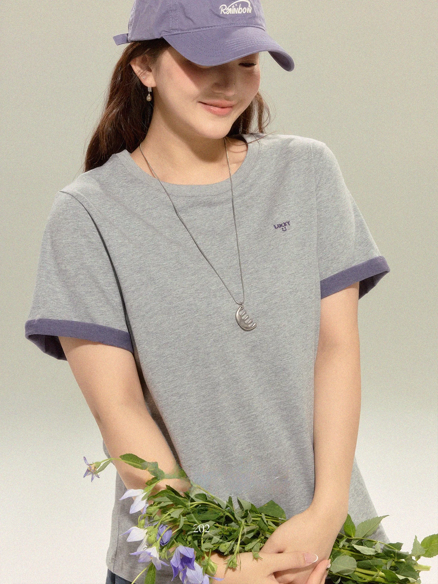 

plus Size Women's Casual Short Sleeve T-Shirt round Neck Embroidered Top Grey Slimming Effect Shoulder Level Stitching Design
