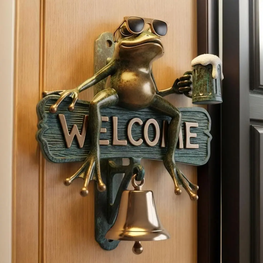 Vintage Chill Frog WELCOME Doorbell Retro Bronze Style Frog Figurine Welcome Bell Frog Bell Resin Ornament