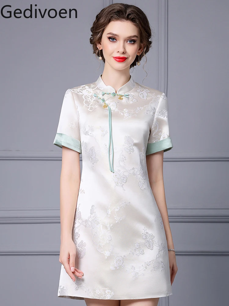 

Gedivoen Fashion Designe Summer Women's Mini Dresses Stand Collar Button Embroidery Floral Slight Strech Chinese Style Dress