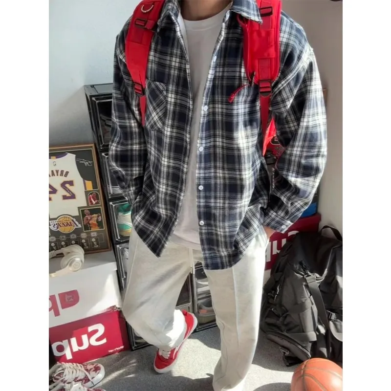 

Cleanfit American Retro Plaid irt Мужская свободная верхняя одежда премиум-класса Long Sve из полиэстера с подставкой Four Seasons Universal