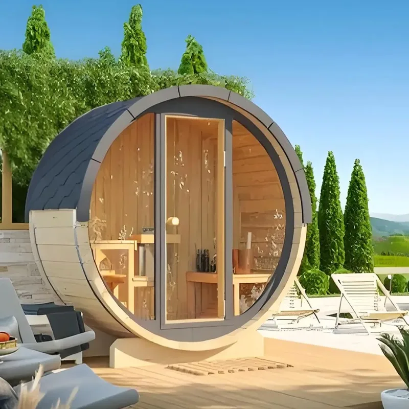 Outdoor Sauna Room Is Equipped with a Panoramic Glass Electric Stove, a Newly Designed  Sauna, and a  Steam Sauna.