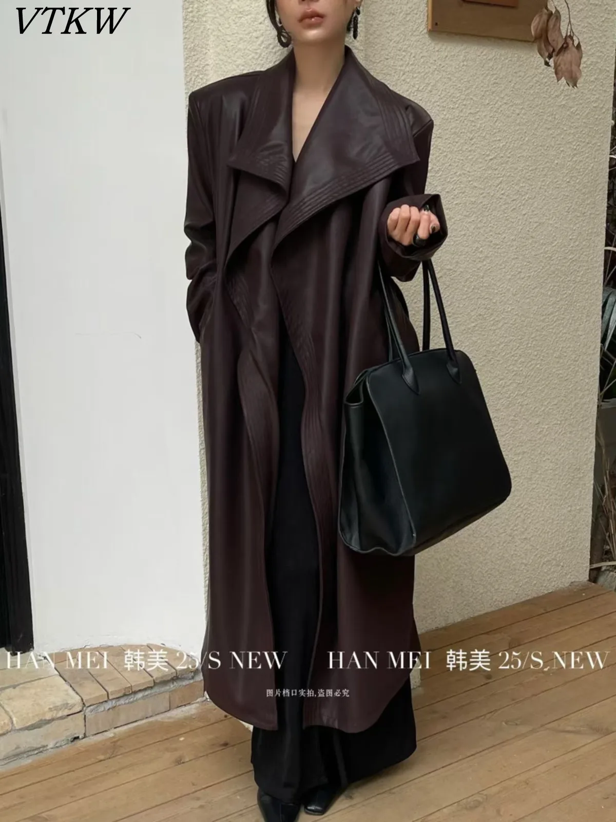 

VTKW Women’s Burgundy Leather Trench Coat Long Belted Vintage Big Lapel Pockets Elegant Chic Casual Premium Quality New AW25