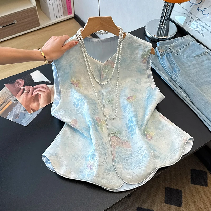 

New Chinese Style Ancient round Neck Buttoned Satin Embroidery Heavy Work Hanfu Top Improved Ethnic Style Vest Women's Fashion