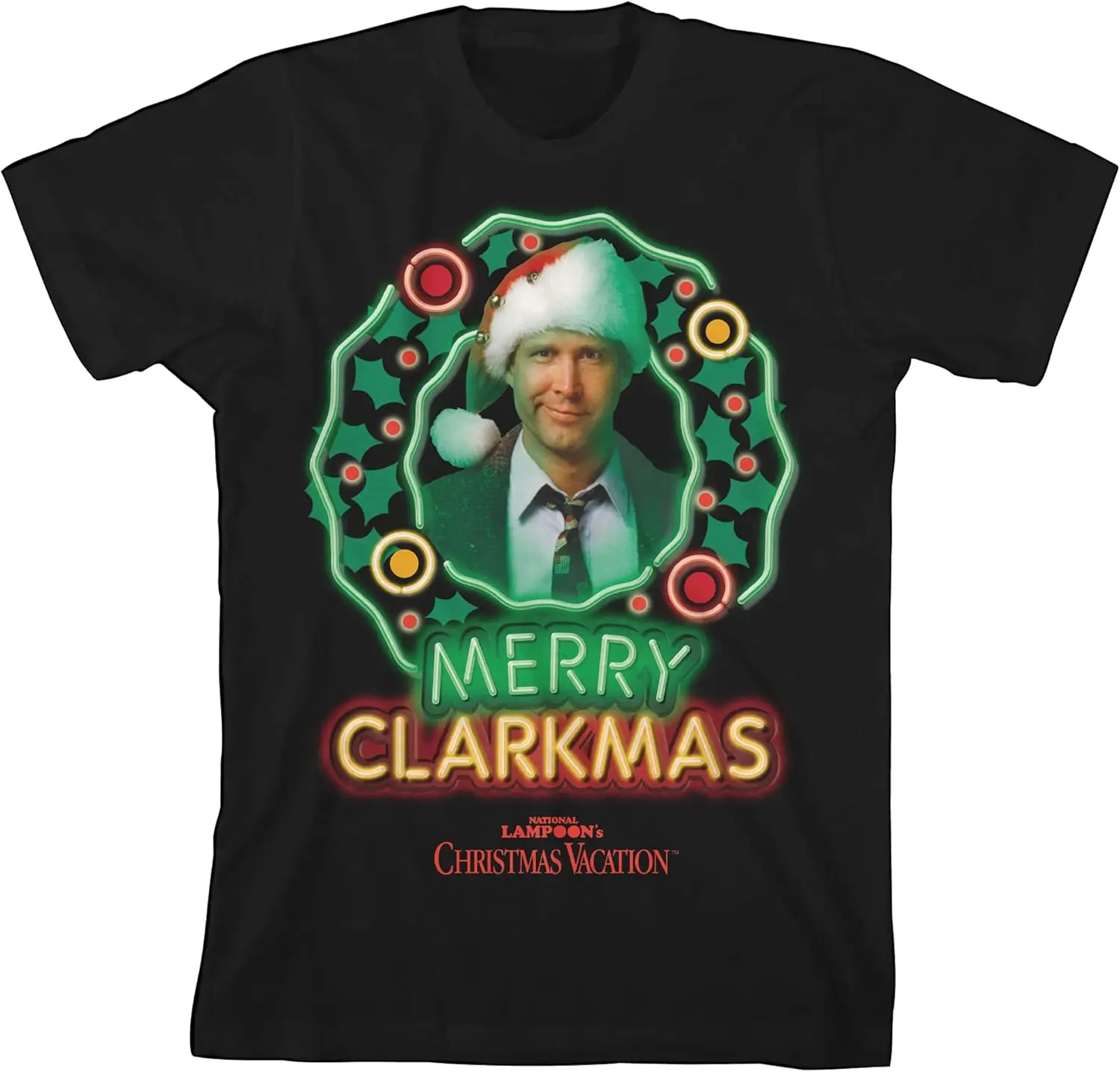 National Lampoon's Christmas Vacation Merry Clarkmas Neon Wreath Black Graphic Tee Toddler Boy to Youth Boy