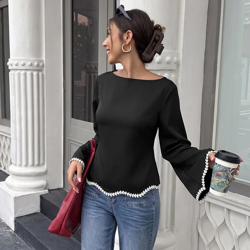 Commuter T-shirt 2026 Autumn and Winter Lace-up A Pendulum Chic Tshirt Tops Splicing Lace Long-sleeved Boat Collar Shirt Women