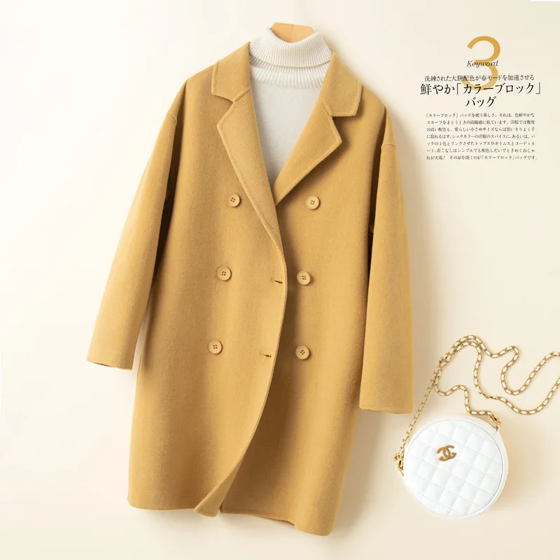 

Double-sided cashmere coat women's medium and long small loose Korean version autumn and winter wool suit collar woolen coat