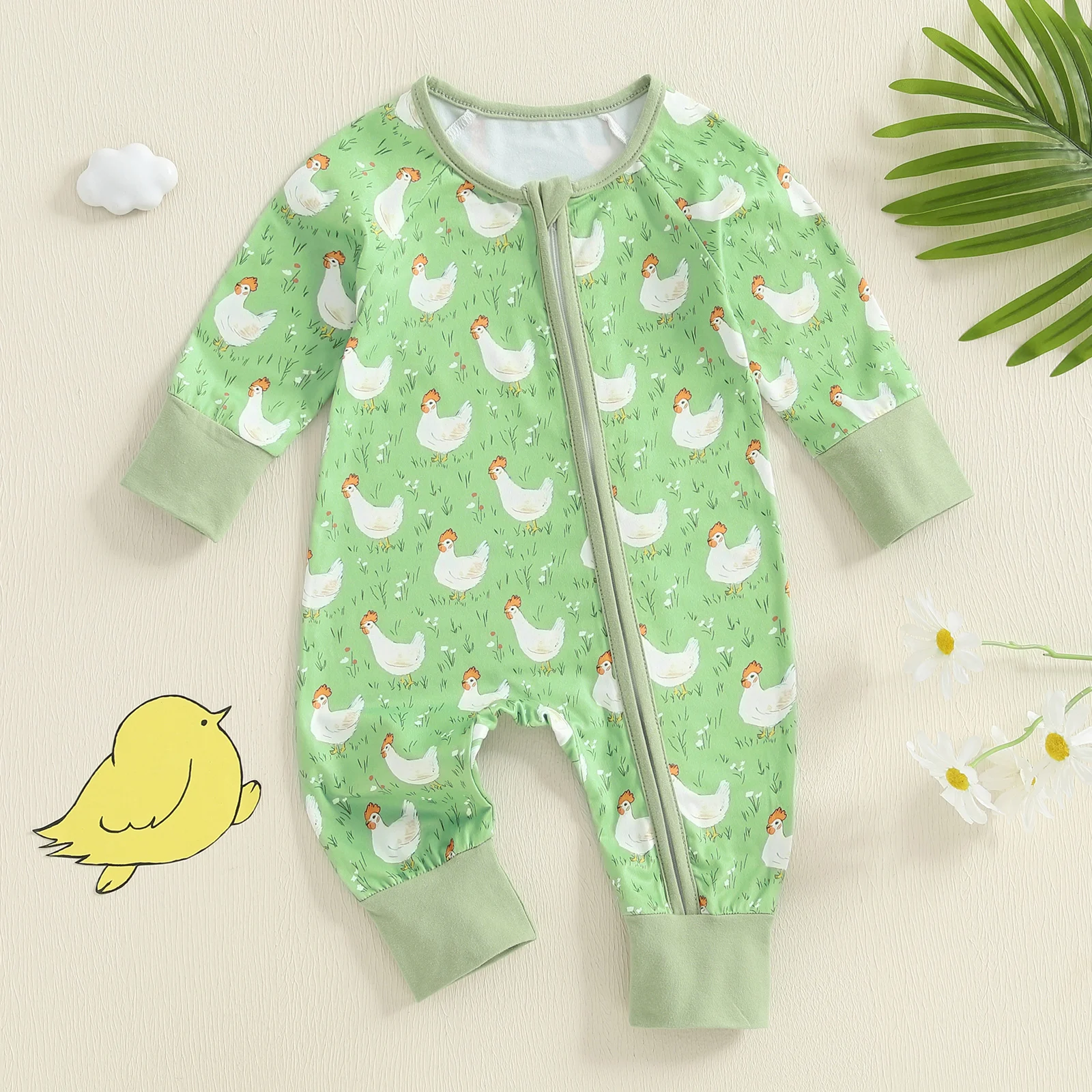

Baby Girl Chicken Print Jumpsuit Infant Long Sleeve Round Neck Oblique Zipper Romper with Headband