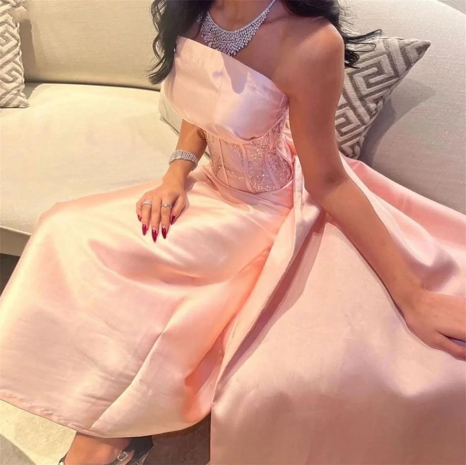 

Pink Strapless Long Bespoke Occasion Gown Evening Dresses Pastrol Unisex Jersey Retro Dubai Saudi Arabic Israel Prom Customized