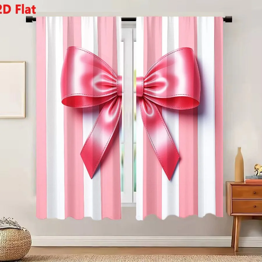 2Pcs Curtains Add 2D Flat Large Glossy Pink Ribbon Bow With Vertical Light Pink And White Stripes Background For Gift Wrapping A