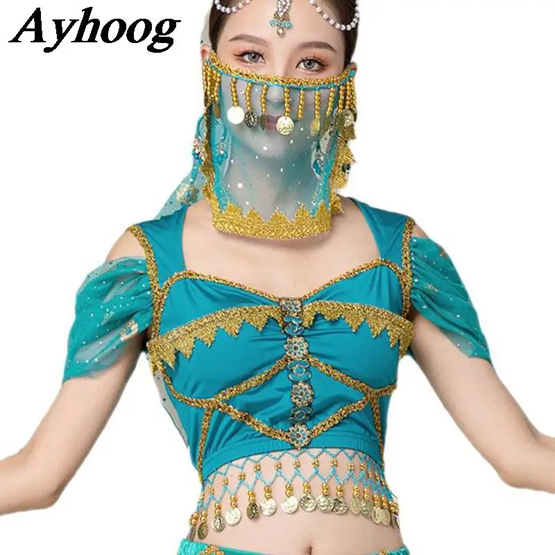 قمصان الأميرة المطرزة على طراز كورتلي للرقص العربي للبالغين، بلوزة أميرة بوليوود الياسمين مع عملات ذهبية للرقص الشرقي