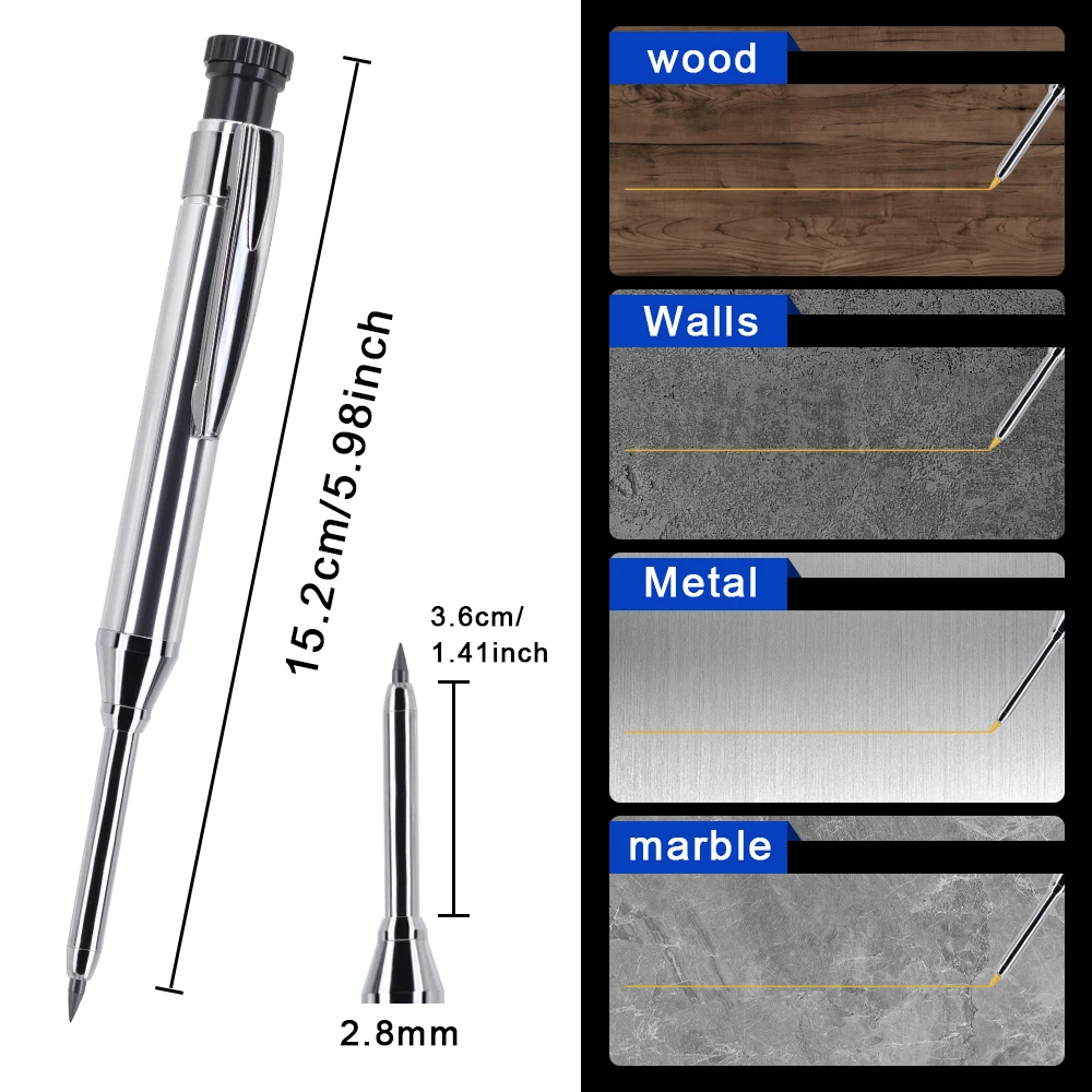 2,8-mm-Metall-Bleistift mit langem Kopf für die Holzbearbeitung, mit Minenfüllungen, 2 Stiftkappen, für Zimmermannsmarkierungen, technische Zeichnungen – Detail 8