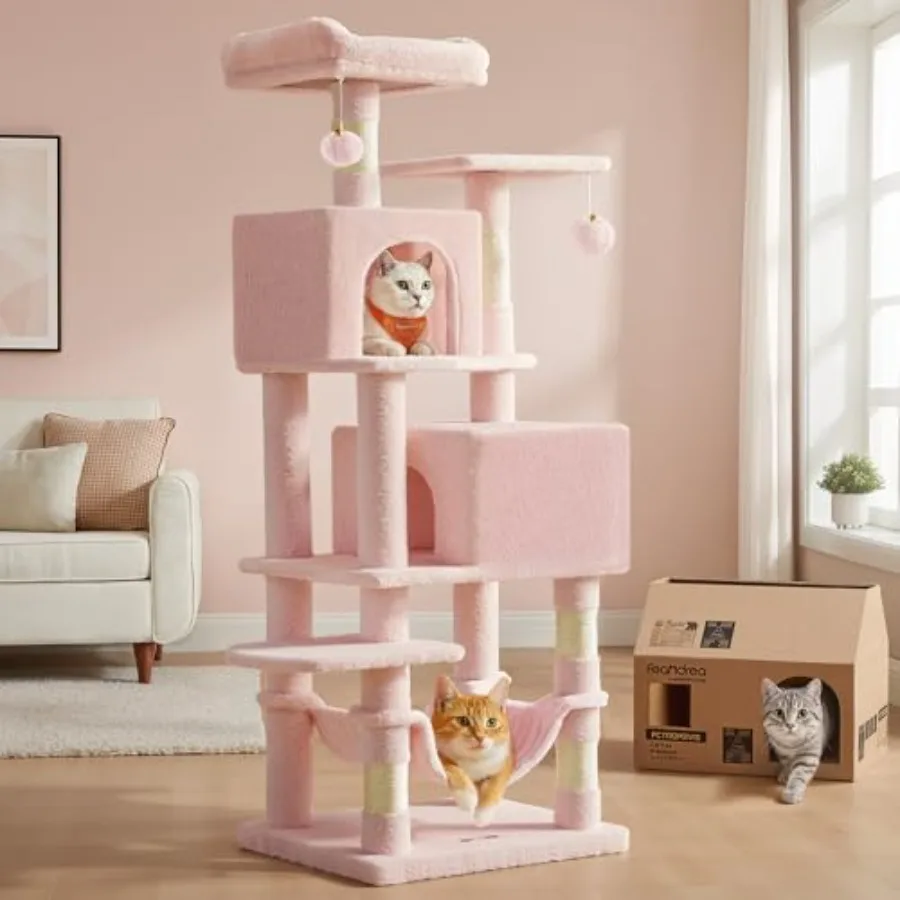 

Cat Tree 59.5-Inch Tall Cat Tower Plush Multi-Level Condo with 5 Scratching Posts 2 Perches 2 Caves Hammock 2 Pompoms Jelly Pin
