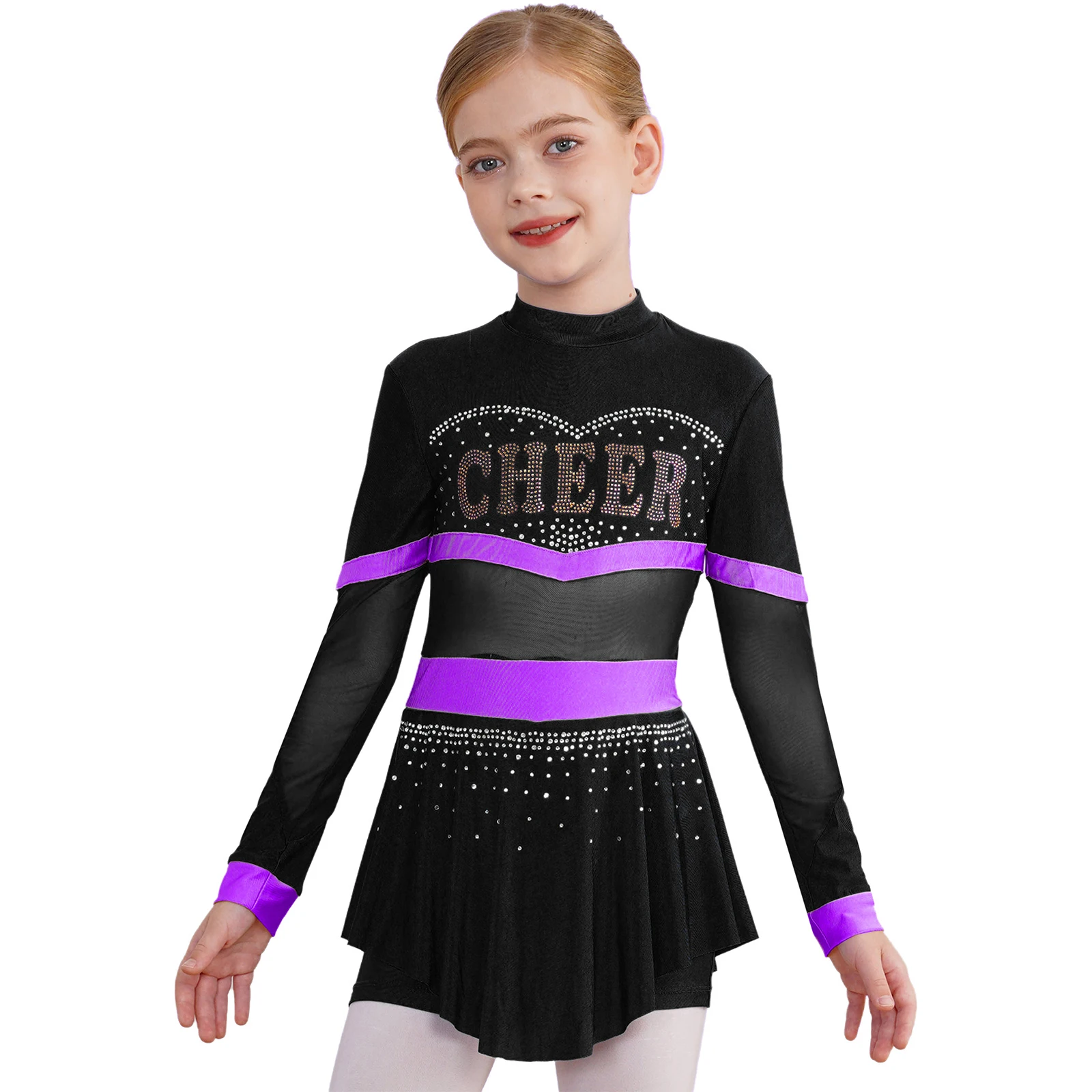 

Kids Girls Cheerleading Uniform Cheerleader Costumes Schoolgirl Cheering Dancewear Mesh Shiny Diamond Ballet Jersey Bodysuit