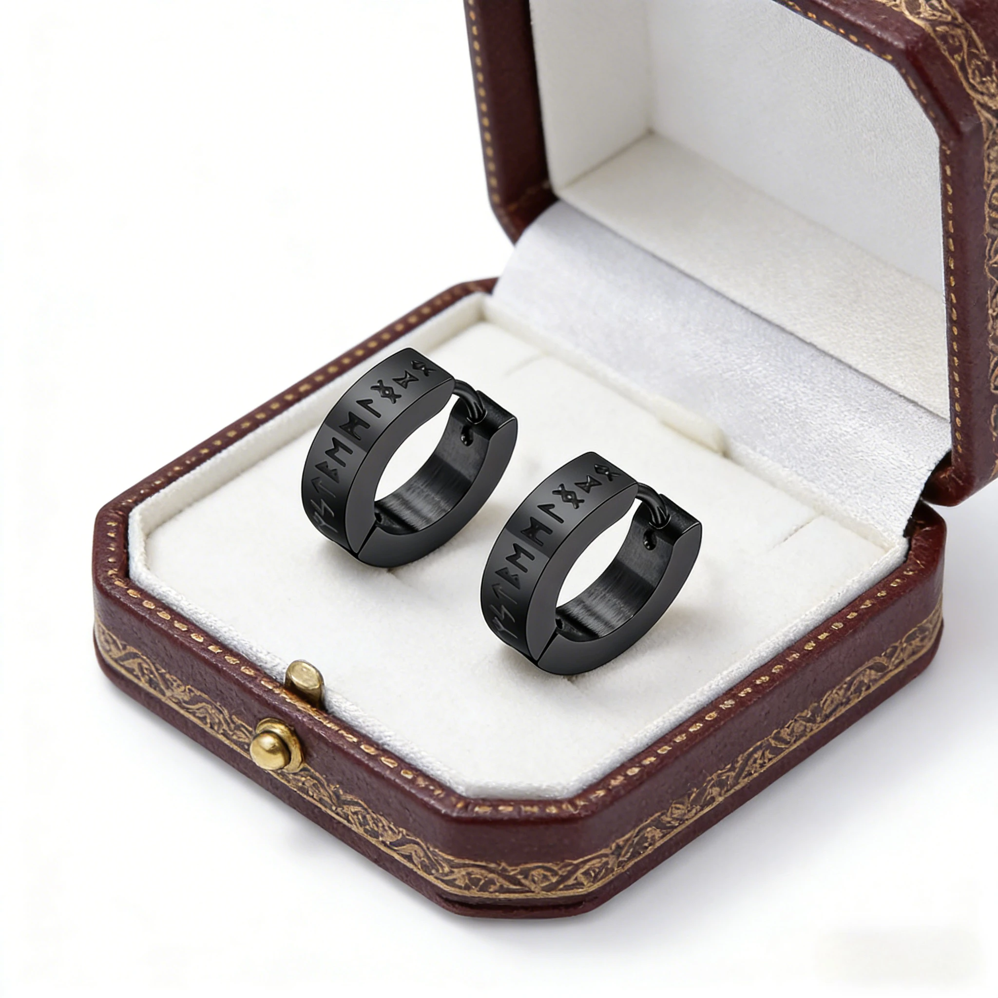 Stainless Steel Engraved Hoop Earrings, Viking Rune Text Huggie Hoops Tarnish Resistant Antiallergenic Unisex Jewelry