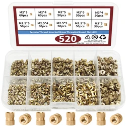 520pcs M2 M2.5 M3 Metric Female Thread Knurled Brass Threaded Insert Embedded Nuts Assortment Kit,Double Pass Knurl Nuts Copper