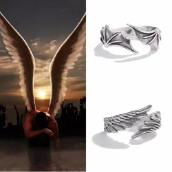 Retro Goth Black Color Angel Demon Wing Rings for Men Women Personality Adjustable Stainless Steel Couple Rings Punk Jewelry