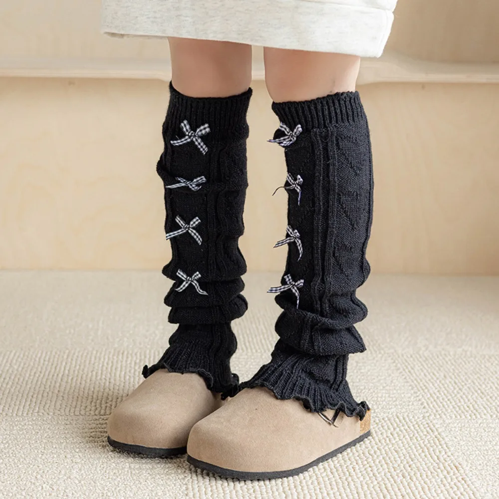 

Fashion Korean Style Children's Leg Warmers Harajuku JK Knitted Leg Cover Long Stockings Woolen Plaid Bow Socks Girls