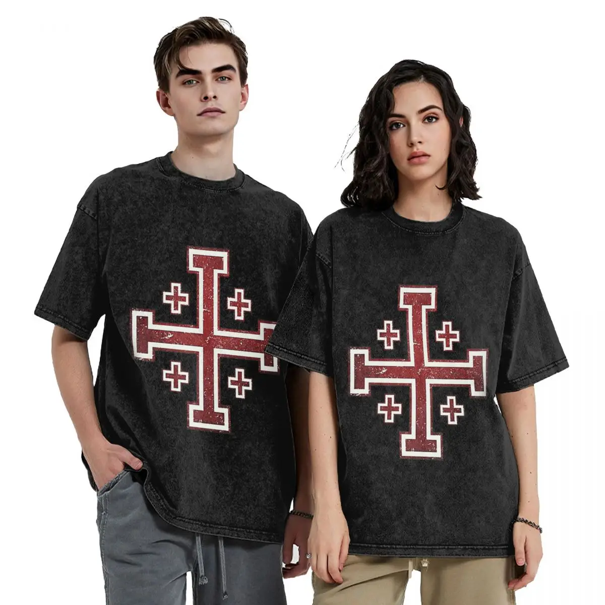 Jerusalem Cross Medieval Knights Cross Crusader Hip Hop Short Sleeve T-Shirts Washed Tops Tees Streetwear T Shirt Casual