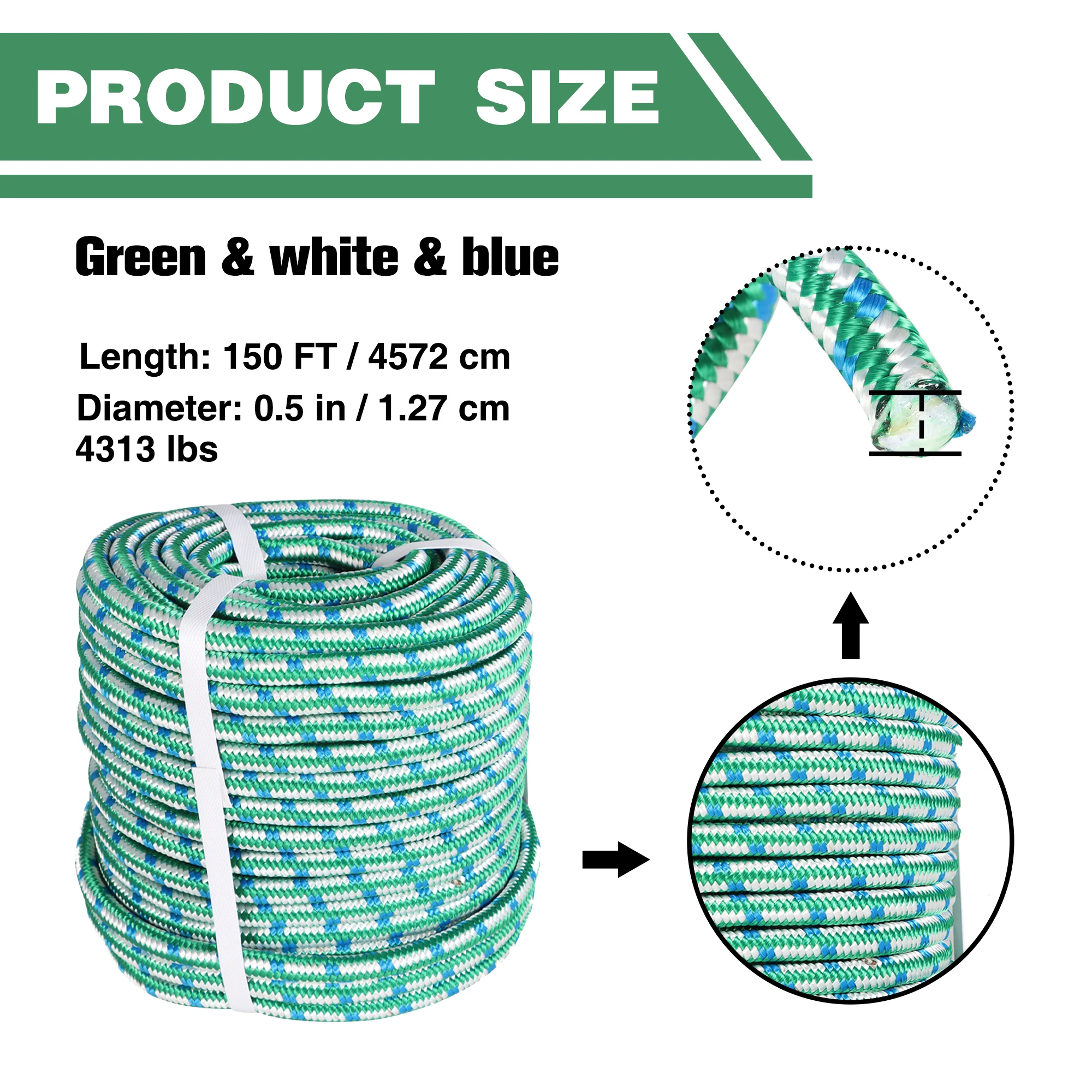 1/2 Inch 16 Strand Braided Polyester Rope 150Ft Green-White-Blue-for Tree Climbing Rigging, Arborist